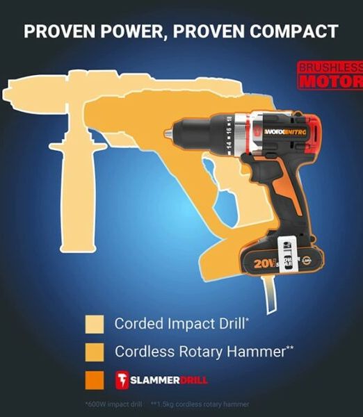 Worx SLAMMER 3-In-1 Brushless Active Hammer Drill 6000BPM 20V KIT